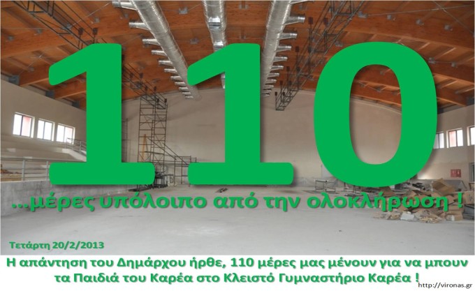 Δήμαρχος Βύρωνα Νίκος Χαρδαλιάς 20/2/2013 : To Κλειστό Γυμναστήριο Καρέα αναμένεται να έχει ολοκληρωθεί το αργότερο μέχρι τον Ιούνιο